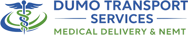 Logo of Dumo Transport Services with a blue and green caduceus symbol, text reads 'Dumo Transport Services Medical Delivery & NEMT'.