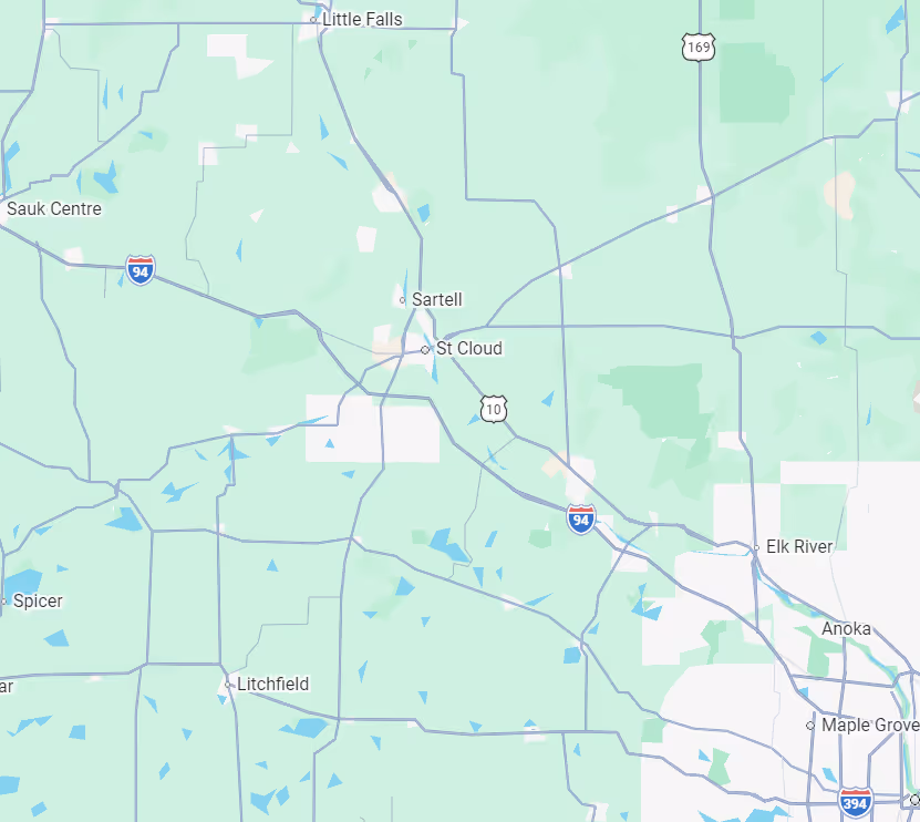 Map showing central Minnesota with cities including St Cloud, Sartell, Little Falls, Sauk Centre, Elk River, Anoka, Litchfield, and highways I-94, 169, and 10.